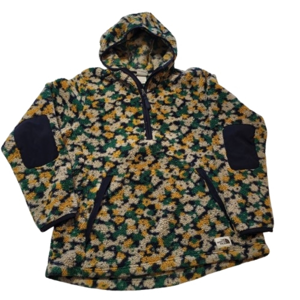 North Face Campshire Pullover Hoodie Aviator Navy Retro Floral Elbow Patch Sz XL